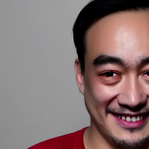 Image similar to joji grinning at the camera with his head being slightly tilted to the right, lots of grain, red reflection in eyes, dark pitch black background.