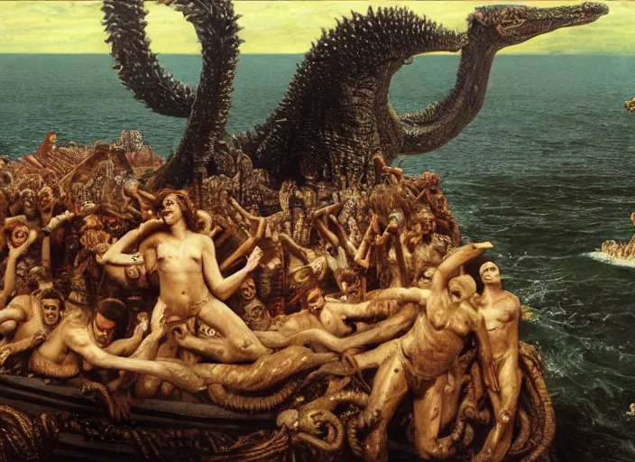 Image similar to wet slimy godzilla attacking the raft of the medusa, painting by lawrance alma - tadema by roger corman by richard corben by rick baker, 4 k, hyper - realistic, highly detailed