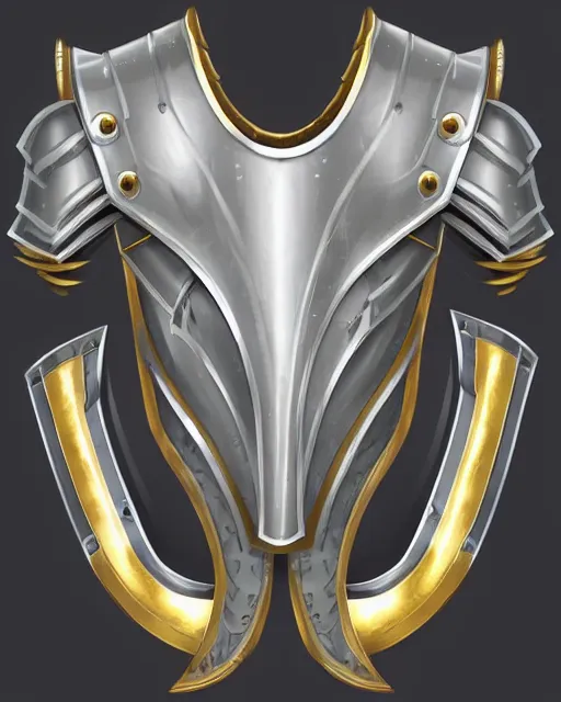 Prompt: suit of fantasy armor, clean silver armor with gold trim, flat shading, professional digital art, extremely high-quality