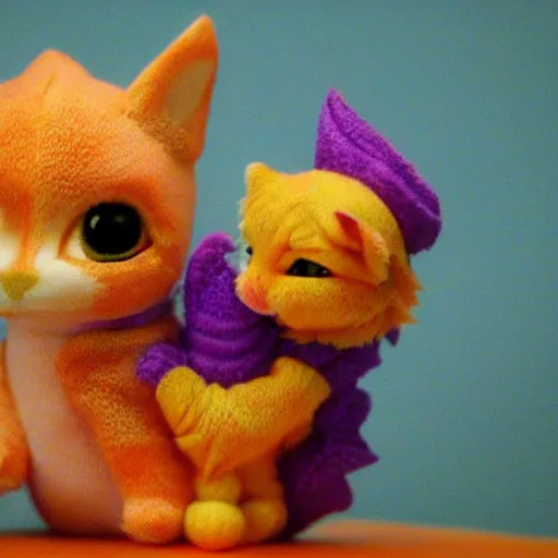 Image similar to tiny adorable purple fantasy dragon, the dragon is hugging an orange tabby cat, orange tabby cat hugging tiny purple dragon