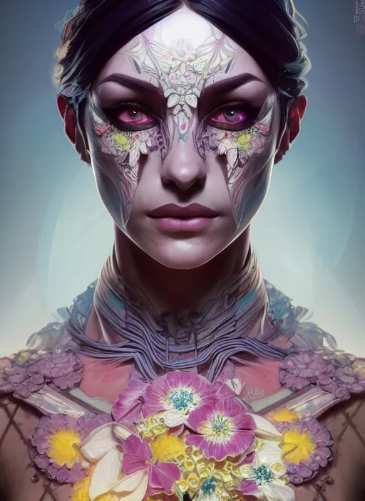 Image similar to symmetry portrait of floral borderlands 3 psycho, intricate, elegant, highly detailed, digital painting, artstation, concept art, smooth, sharp focus, illustration, art by artgerm and greg rutkowski and alphonse mucha, 8 k