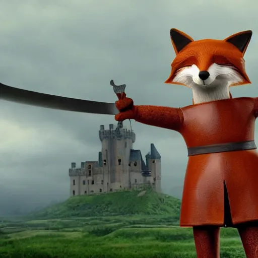 Image similar to anthropomorphic!!! fox!! who is a medieval knight holding a sword towards a stormy thundercloud 1 9 3 0 s film still, castle in the background