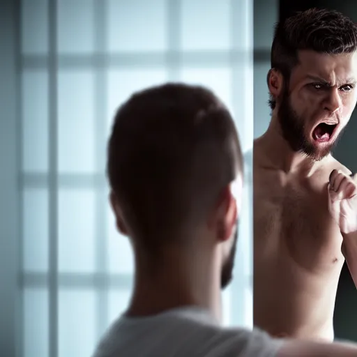 Image similar to professional photographic image of young angry man trying to fight to himself in the mirror, studio shot, dynamic lighting, high definition, highly detailed, photo-realistic, unreal engine render, 16k