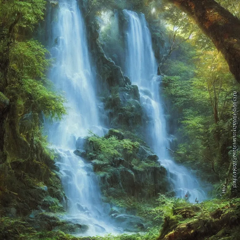 Prompt: A beautiful oil painting of a very tall waterfall on a very rocky cliff, in the middle of a huge forest of trees with bright blue glowing leaves, by Greg Rutkowski