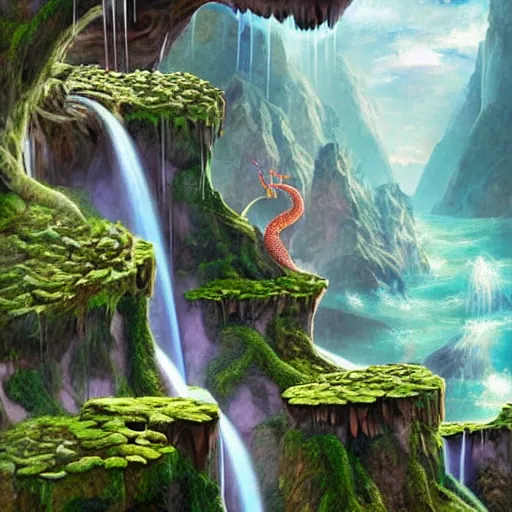 Image similar to floating islands with waterfalls and dragons, digital art, aesthetic, astonishing detail