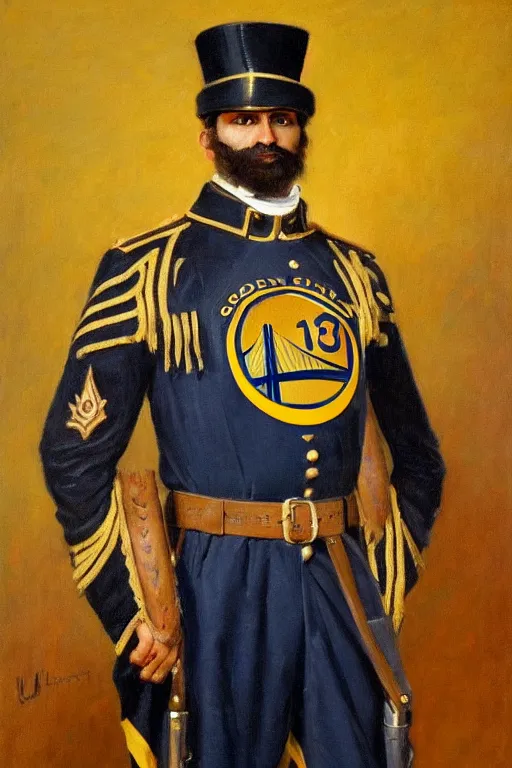 Image similar to full body portrait of the dictator of the golden state warriors, 1 8 8 9, in full military garb, oil on canvas by william sidney mount, trending on artstation