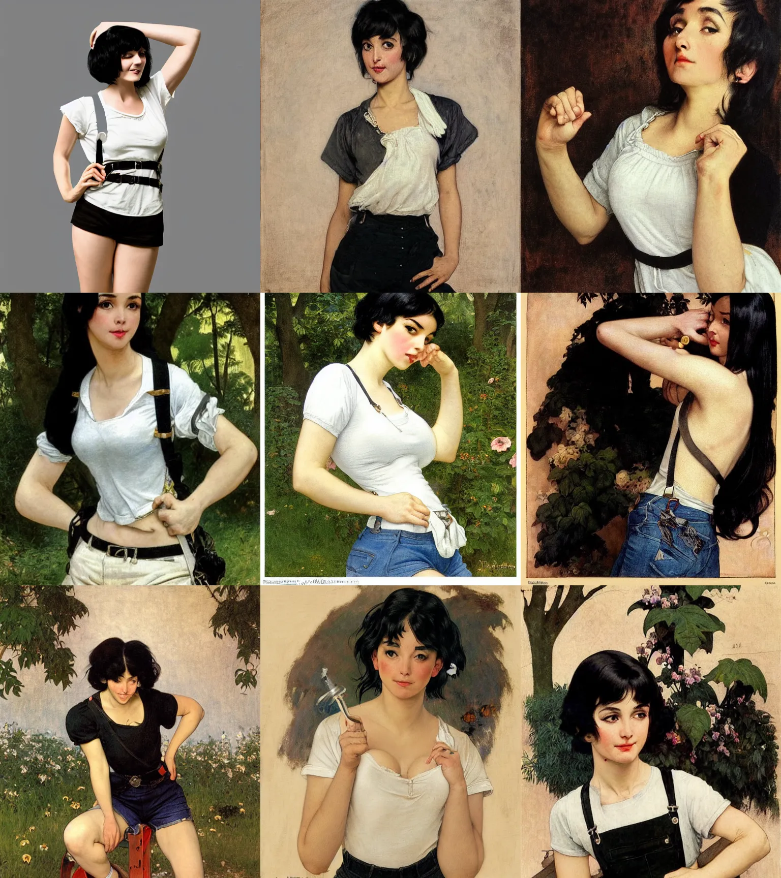 Prompt: a woman with black hair and long pixie haircut in shorts with suspenders and white t-shirt drawn by Paolo Hayez, norman rockwell, frank frazetta, alphonso azpiri, maler collier, peter paul rubens, alphonse mucha, gustav klimt 4k, unreal 5, DAZ, french noveau, trending on artstation, octane render, hyperrealistic