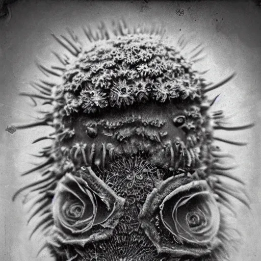 Image similar to tardigrade!!! daguerreotype portrait photograph. inspired by gerard grom and ansel adams. floral theme. beautiful. highly detailed. old timey.