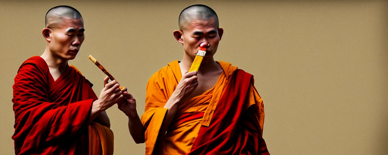 Image similar to Thailand Buddhist monk Smoking Weed, realistic, trending on artstation, high quality, highly detailed