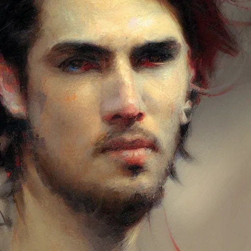 Image similar to A handsome emo guy, close-up painting by Gaston Bussiere, Craig Mullins