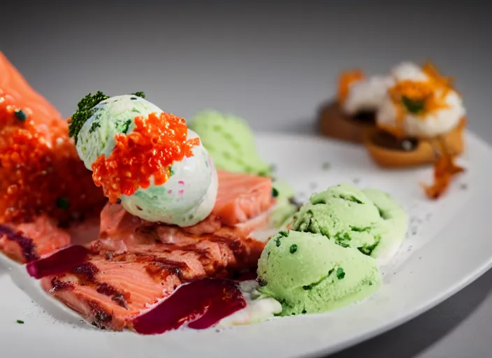 Image similar to dslr food photograph of salmon and wasabi ice cream sundae with salmon roe and wasabi drizzle, 8 5 mm f 1. 8