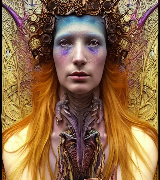 Image similar to detailed realistic beautiful young groovypunk queen of andromeda galaxy in full regal attire. face portrait. art nouveau, symbolist, visionary, baroque, giant fractal details. horizontal symmetry by zdzisław beksinski, iris van herpen, raymond swanland and alphonse mucha. highly detailed, hyper - real, beautiful