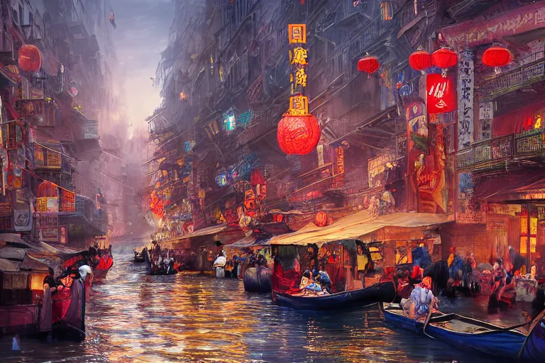 Prompt: a far-future flooded Manhattan Chinatown during a festival at dusk, with paper lanterns, banners, lights, firecrackers, and canal streets with people in gondolas and other boats floating by, sparkling water, low angle, wide angle, beautiful, warm dynamic lighting, atmospheric, cinematic, highly detailed digital art, painted by Tyler Edlin