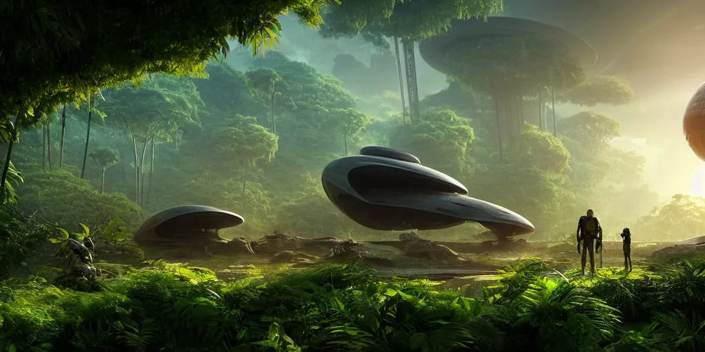 Prompt: a huge futuristic rusty old alien spaceship, next to it a smaller exploration ship on a landing pad, surrounded by a lush alen jungle, in the foreground two explorers are arguing and small animals! are walking around, dawn, volumetric light, hyperdetailed, artstation, cgsociety, 8k