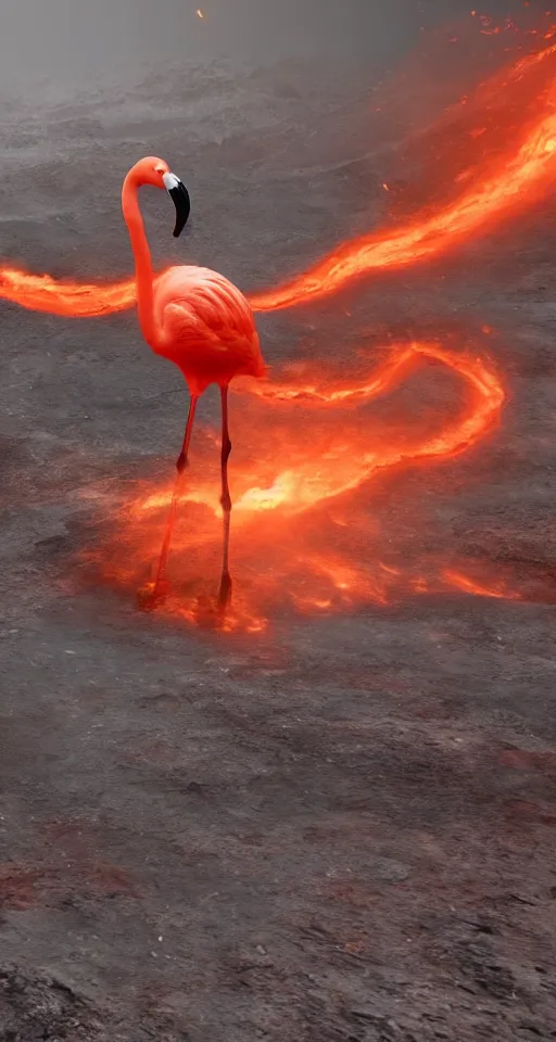 Prompt: a flamingo made out of fire, inferno, magma scarred landscape background, epic sense of scale, unreal engine 5, particle effects,