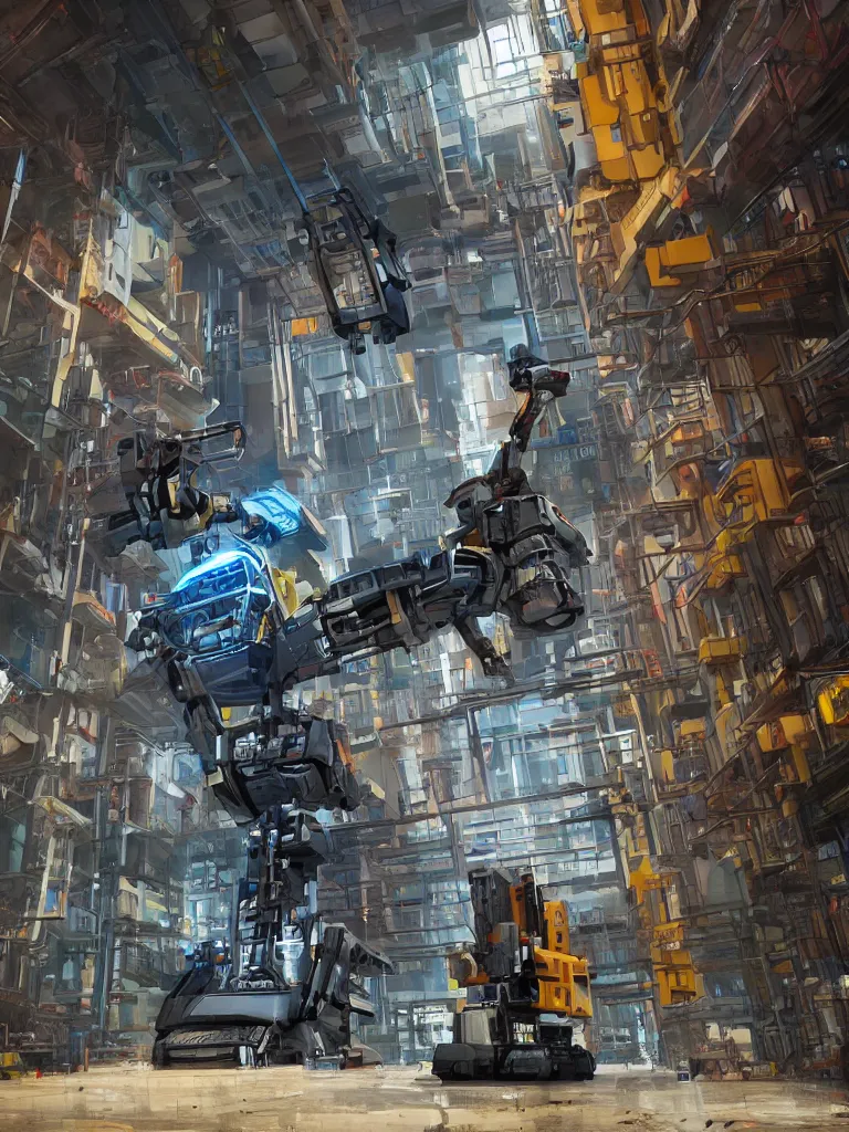 Prompt: giant builder robot in a hall of cyberpunk factory