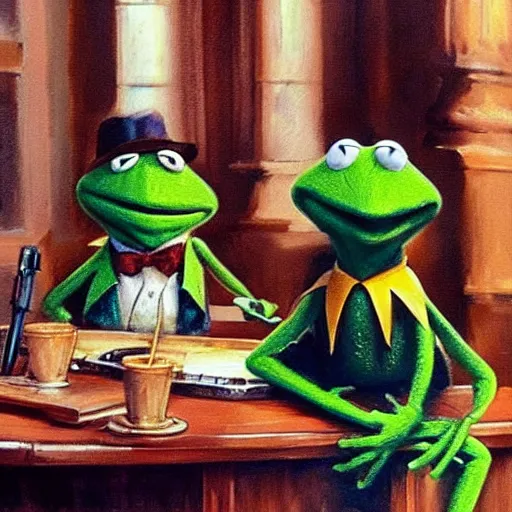 Prompt: kermit the frog as a hit man in good fellas. hyper realistic. by michael garmash james gurney. bussiere.