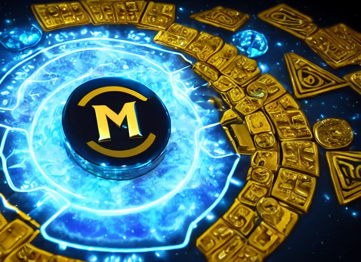 Prompt: magic golden computer chip with runes and a glowing blue crystal in the center, mana flowing around it, product photo, trending on artstation, unreal engine 5, 4 k, 8 k