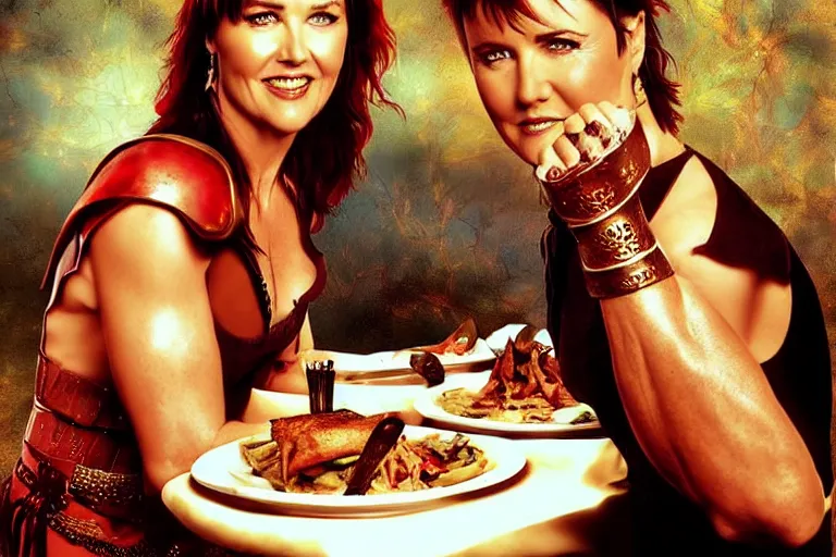 Image similar to lucy lawless, as xena warrior princes, s eating at a restaurant, with a handsome cuban man wearing a suit, digital art