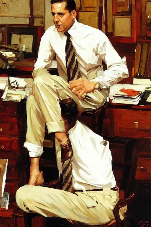 Prompt: michael scott sitting on his desk, painting by jc leyendecker!! phil hale!, angular, brush strokes, painterly, vintage, crisp