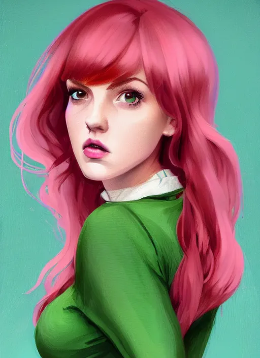 Image similar to full body portrait of teenage cheryl blossom, bangs, green eyes, sultry expression, red hair, sultry smirk, bangs and wavy hair, pink skirt, bangs, intricate, elegant, glowing lights, highly detailed, digital painting, artstation, concept art, smooth, sharp focus, illustration, art by wlop, mars ravelo and greg rutkowski