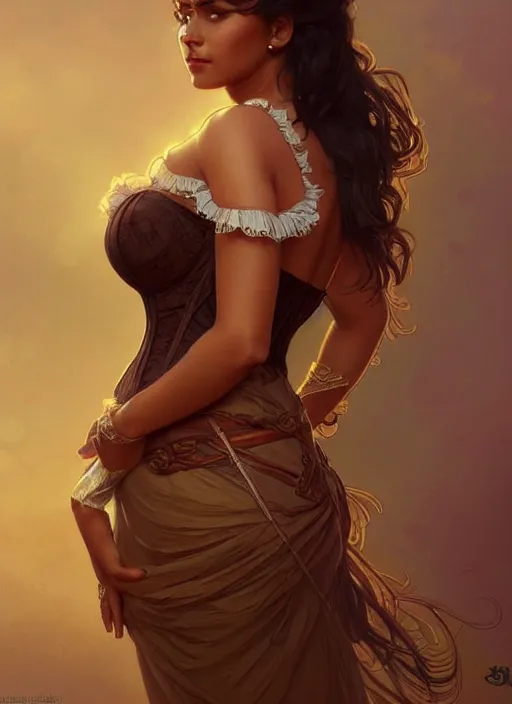 Image similar to cute brown woman wearing a translucent corset dress, fantasy, intricate, highly detailed, digital painting, artstation, concept art, wallpaper, smooth, sharp focus, illustration, art by artgerm and greg rutkowski and alphonse mucha