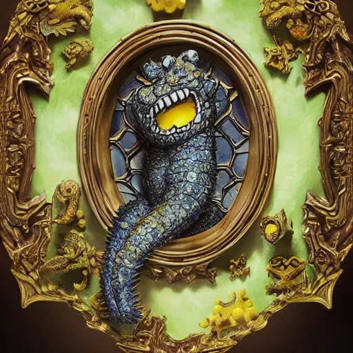 Prompt: portrait of hybrid between spongebob and godzilla made with porcelain by Jeff Easley and Peter Elson + beautiful eyes, beautiful face + symmetry face + border and embellishments inspiried by alphonse mucha, fractals in the background, galaxy + baroque, gothic, surreal + highly detailed, intricate complexity, epic composition, magical atmosphere + masterpiece, award winning + trending on artstation