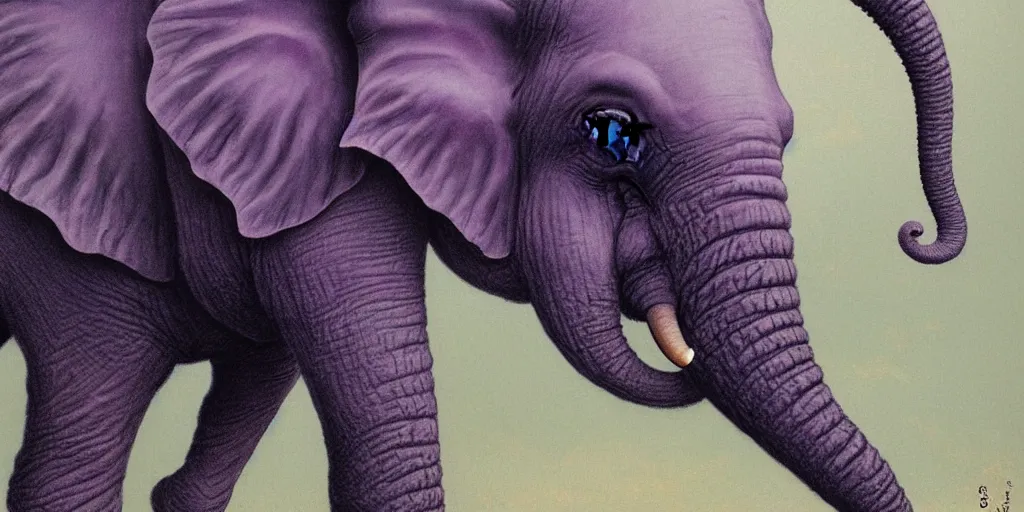 Prompt: a single purple elephant flying in the air like dumbo during a storm, close up of elephant with ground behind, illustration, detailed, smooth, soft, cold, by Adolf Lachman, Shaun Tan, Surrealism
