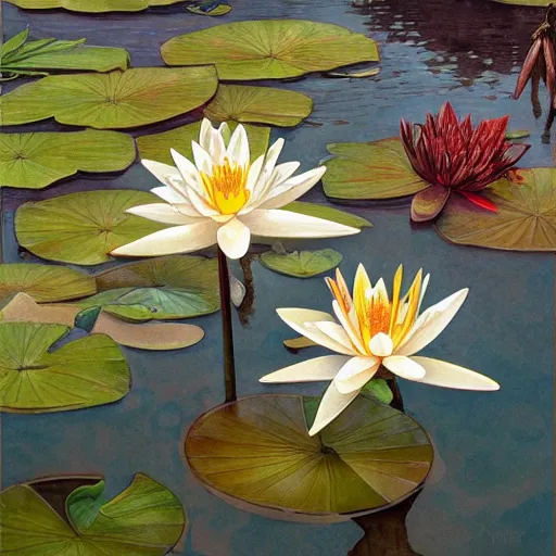 Prompt: Water Lillies in Paradise, Watercolor, photorealistic, high resolution, award winning, trending on artstation, intricate, elegant, highly detailed, digital painting, artstation, concept art, smooth, sharp focus, illustration, art by artgerm and greg rutkowski and alphonse mucha