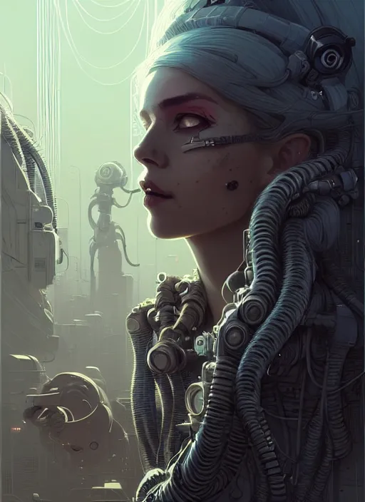 Image similar to highly detailed portrait of a cyberpunk long curly white hair tribal lady, stray wiring by atey ghailan, james gilleard, by joe fenton, by greg rutkowski, by greg tocchini, by kaethe butcher, 4 k resolution, gradient yellow, black and white color scheme!!! ( ( sandstorm robotic desert landscape background ) )