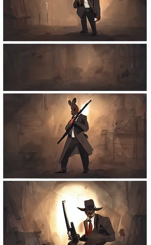 Image similar to rabbit as a hitman, dynamic lighting, fantasy concept art, trending on art station, stunning visuals, creative, cinematic, ultra detailed, comic strip style