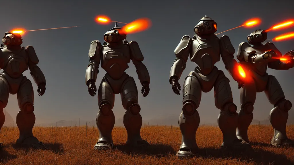 Prompt: futuristic power armor soldiers firing away from the camera, eye catching composition, realistic, unreal engine 5, global illumination, detailed environment, bright colours, cinematic, atmosphere, 4 k