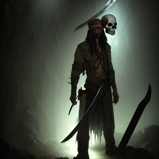Prompt: realistic photo of a ghost pirate head and torso, holding a sword, standing in a grotto, dark, brooding, paul carrick, atmospheric lighting, intricate, ultra detailed, well composed, best on artstation, cgsociety, epic, stunning, gorgeous, intricate detail, wow, masterpiece