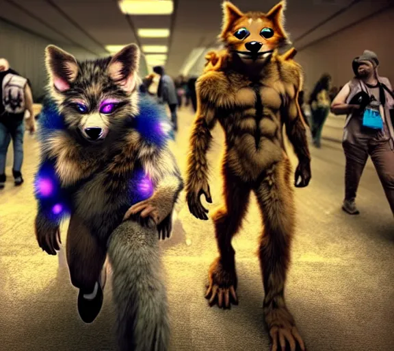 Image similar to high - resolution photograph from a biopunk era furry fandom convention ( midwest furfest 2 0 4 7 ), taking place after the genetic revolution and quantum singularity. photorealistic.