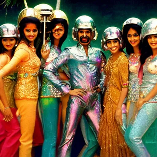 Prompt: 1 9 7 0's bollywood movie, an elephant wearing a silver latex suit and an iridescent metal helmet surrounded by women dancing in colorful flowing intricate dresses on a tropical alien planet