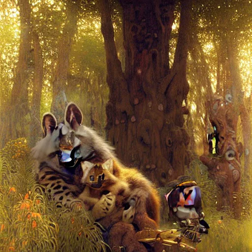 Prompt: a dark forest with a female hyena hyenawoman canine in robes. night zootopia fursona furaffinity furry art detailed face painting by gaston bussiere craig mullins jc leyendecker gustav klimt artgerm greg rutkowski furry