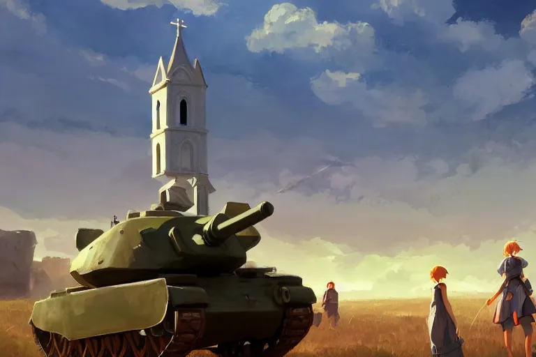 Prompt: a tank with a church as tower, scene in an open field. key visual, conceptart, ambient lighting, highly detailed, digital painting, artstation, concept art, sharp focus, by makoto shinkai and akihiko yoshida and greg manchess