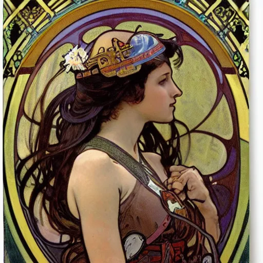 Image similar to woman in full plate armour, lance, flowing hair, painted by alphonse mucha