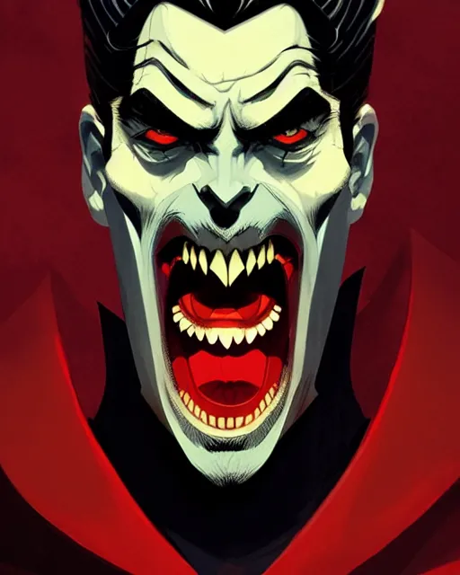 Image similar to handsome vampire king with crown and fangs, symmetrical face, evil, cinematic, dramatic, powerful, super detailed and intricate, by koson ohara, by darwyn cooke, by greg rutkowski, by satoshi kon