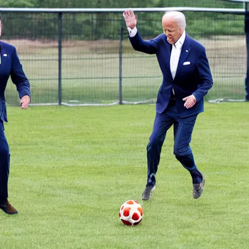 Image similar to Joe Biden playing soccer, doing a step over, breaking ankles, his opponents falling over