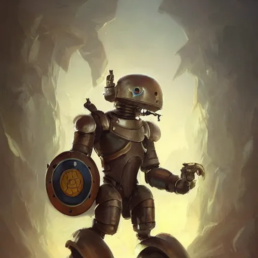 Image similar to anthropomorphic robot [ thing ], wielding a shield, tiny, small, short, chainmail, cute and adorable, pretty, beautiful, dnd character art portrait, matte fantasy painting, deviantart artstation, by jason felix by steve argyle by tyler jacobson by peter mohrbacher, cinema