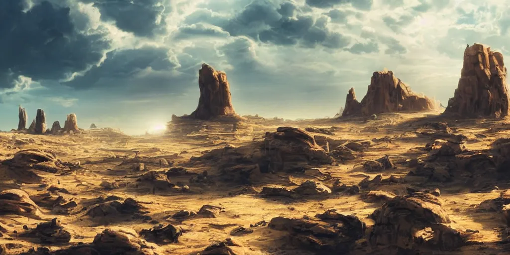 Prompt: massive panorama landscape a cyborg in the foreground wearing a blue cape, desert sand landscape, tall sandstone cliffs with statues, a super massive spaceship crashed in the distance, bright afternoon white clouds, realistic, in the style of grandfailure, Tithi Luadthong, dynamic dramatic bright lighting,shadows,cinematic atmosphere,Artstation,concept design art,Octane render,8K