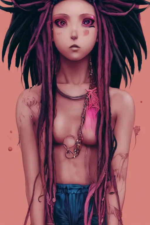 Image similar to portrait of an anime manga hippie girl with pink and brown dreads, straight on portrait, by artgerm, james jean, tom bagshaw, gerald brom, vaporwave colors, lofi colors, vaporwave, lofi, goth vibe, 4 k, smooth, hd, substance designer render, symmetrical,