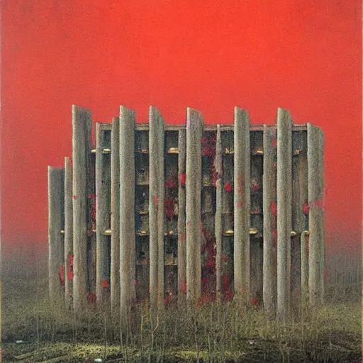 Image similar to surrealist painting of a brutalist building turning into meat, red fungus, post apocalyptic, tropical landscape, painted by beksinski