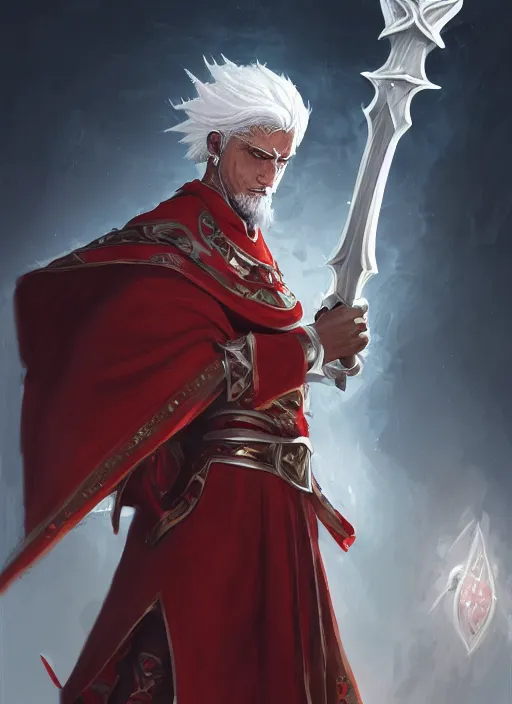 Image similar to a highly detailed illustration of sadistic white haired tanned african priest wearing white robe with red cross design, wielding divine bloody sword, evil smirk, gothic church background, intricate, elegant, highly detailed, centered, digital painting, artstation, concept art, smooth, sharp focus, league of legends concept art, wlop