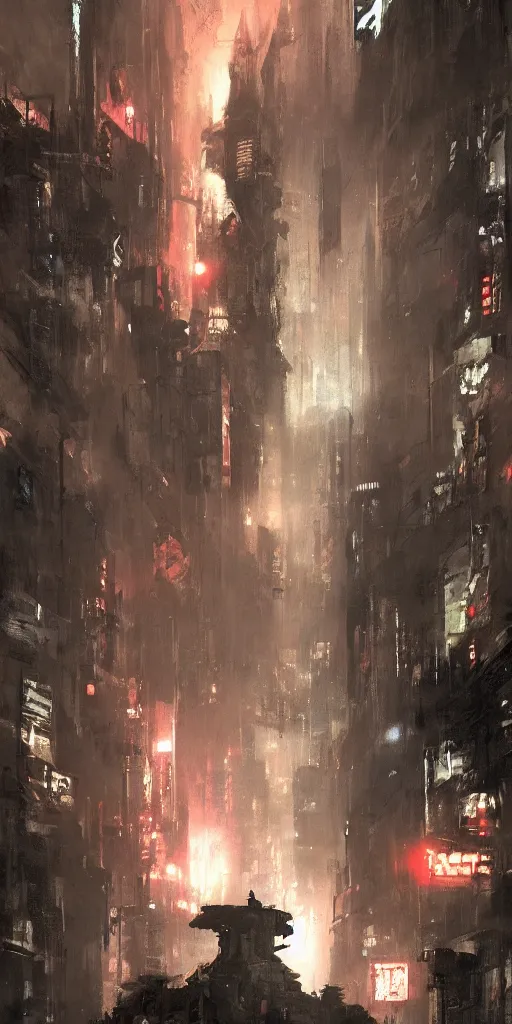 Image similar to a blade runner dungeon located in a city painted by ashley wood and phil hale, masterpiece, award - winning, sharp focus, intricate concept art, ambient lighting, 8 k, artstation, pixiv