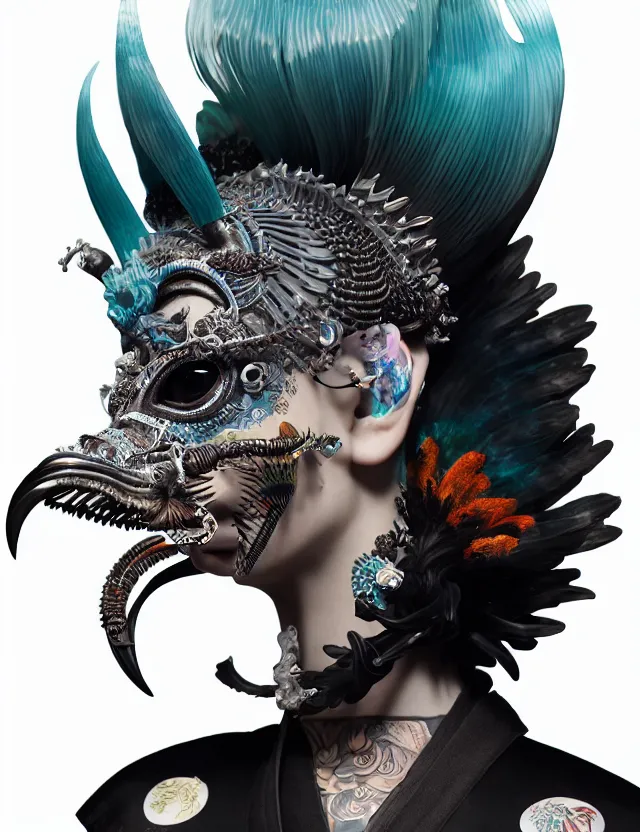 Image similar to 3 d goddess close - up profile portrait punk with mohawk with ram skull. beautiful intricately detailed japanese crow kitsune mask and clasical japanese kimono. betta fish, jellyfish phoenix, bio luminescent, plasma, ice, water, wind, creature, artwork by tooth wu and wlop and beeple and greg rutkowski