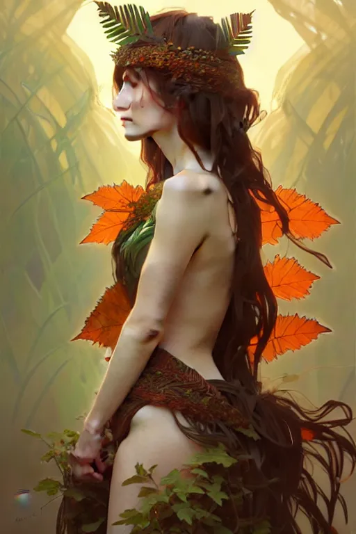 Image similar to beautiful ancient girl in makeshift leaf armor, highly detailed, digital painting, artstation, sharp focus, illustration, art by tan zi and ayanamikodon and alphonse mucha and wlop