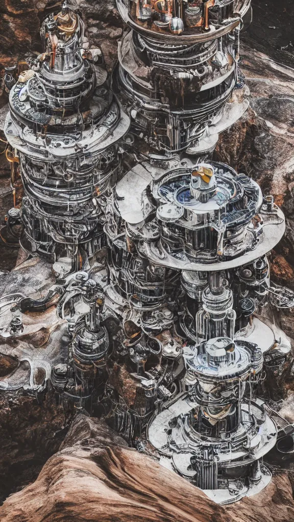 Prompt: ultra realistic macro photography of the giant psychedelic magical machine embedded within the mountain, sedimentary rock and marble, industrial machinery, pistons, pipes and valves, super conducters, reactor circuits. 8k Isometric geology photography