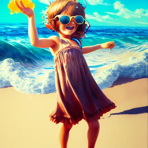 Image similar to Extremely Detailed and Full Portrait scene of Gooey Ocean scene in ink and refined sand, Wendy Thomas Wendys Mascot Girl with shades on face. wearing a sundress full body smiling by Akihito Yoshitomi AND Yoji Shinkawa AND Greg Rutkowski, Mark Arian trending on artstation